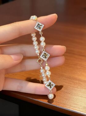 祖母绿方形锆石施家珍珠微镶锆石手链女轻奢时尚高级感手串手饰
