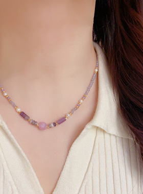 法式轻奢百搭紫色串珠项链精致时尚简约独特设计感锁骨链配饰批发