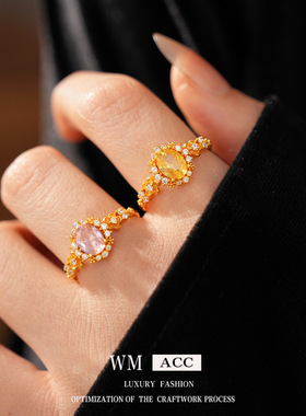 中古vintage锆石椭圆开口戒指时尚复古百搭食指戒轻奢感手饰