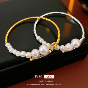 冷淡风镶钻珍珠开口手镯时尚 简约百搭手环轻奢感手饰 个性