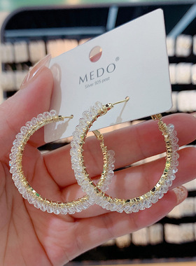 S925银针精致个性水晶耳圈韩国时尚网红圈圈耳环超仙百搭耳钉耳饰