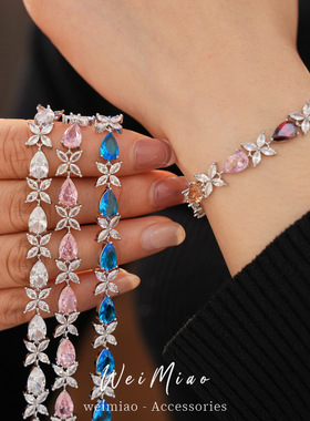 时尚精致镶锆石水滴花朵卡扣手链轻奢高级感手环甜美个性手饰批发