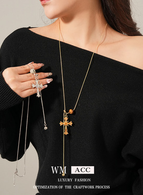 虎眼石圆形十字架吊坠项链个性冷淡风毛衣链气质小众饰品女感