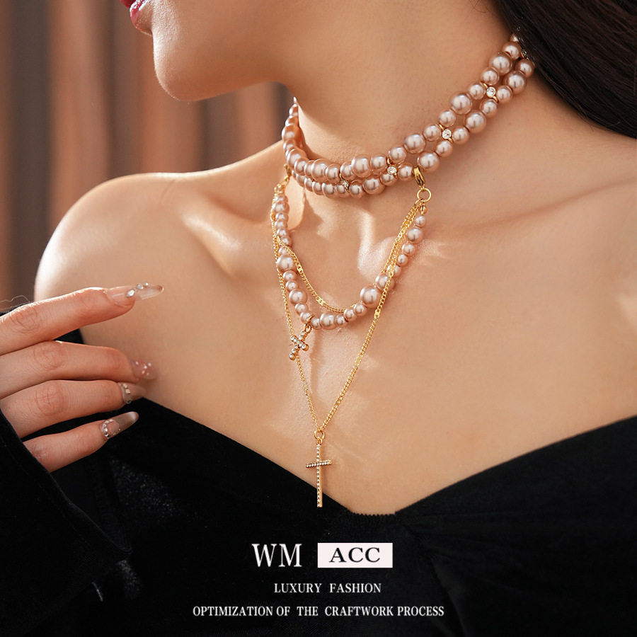 珍珠双层镶钻十字架吊坠项链轻奢小众锁骨链时尚复古宫廷风饰品女,饰品/流行首饰/时尚饰品新,项链,淘宝优惠券,粉丝福利购,淘宝优惠卷