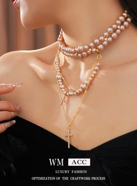 珍珠双层镶钻十字架吊坠项链轻奢小众锁骨链时尚复古宫廷风饰品女