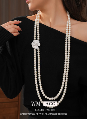 双层花朵吊坠珍珠项链轻奢小众感毛衣链法式复古宫廷风饰品女