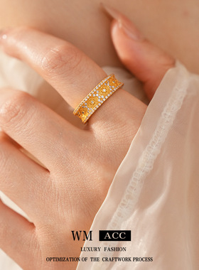 中古vintage锆石花朵开口戒指小众感食指戒时尚轻奢百搭手饰