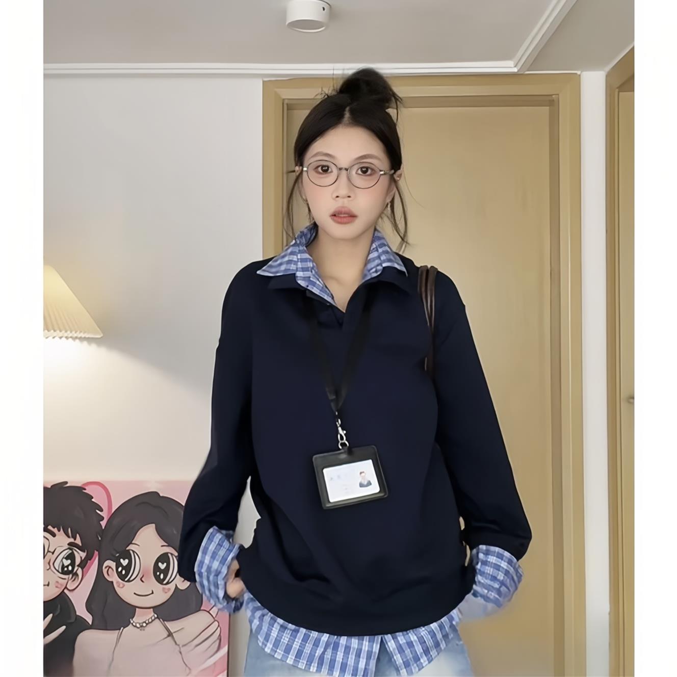 大尺码胖mm美式休闲 假两件卫衣女秋季新款宽松显瘦撞色衬衫领上