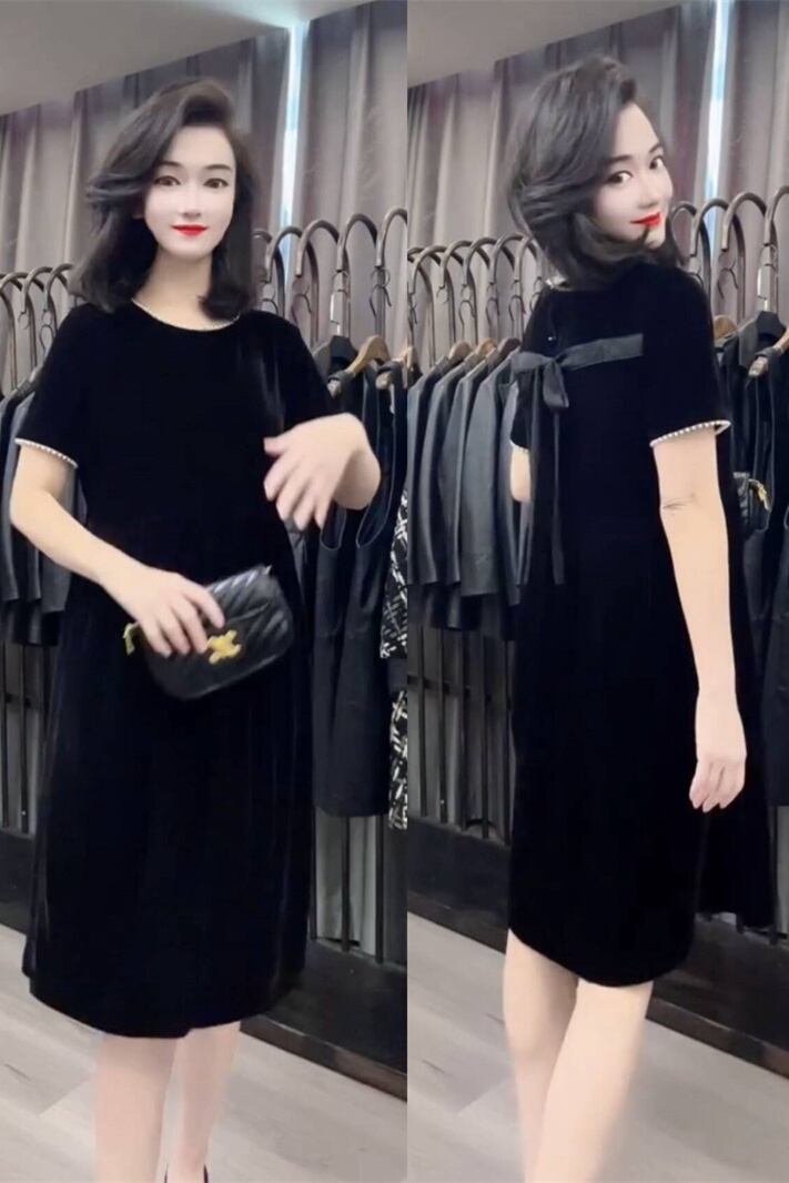 连衣裙珍珠领珍珠袖蝴蝶结小黑裙