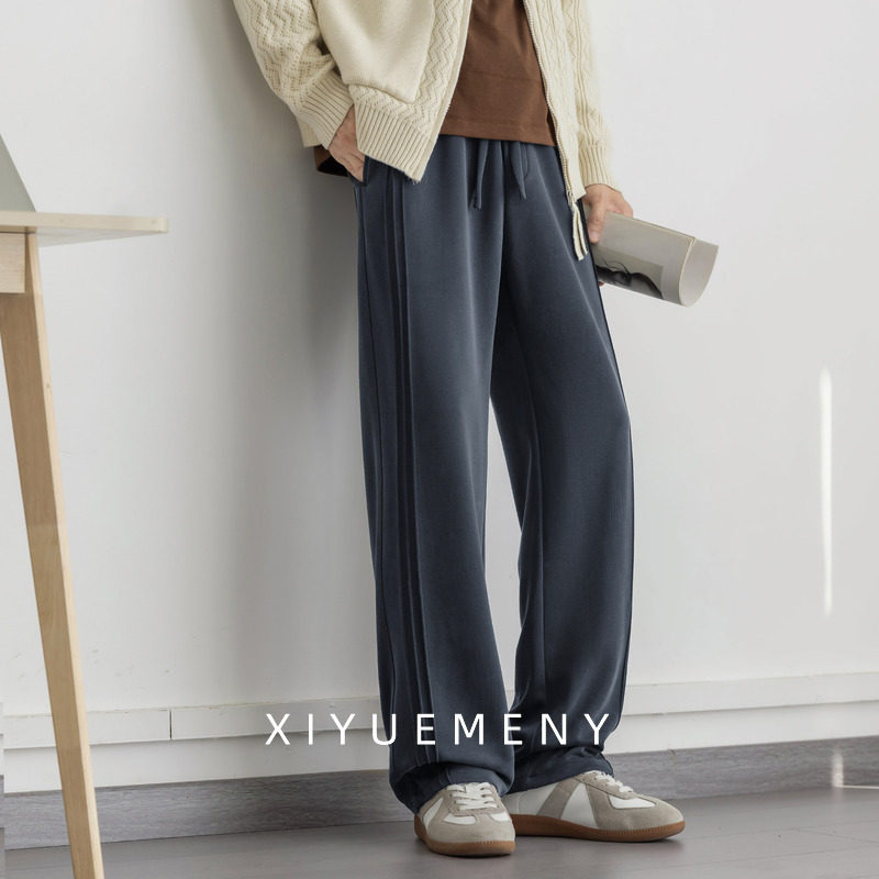 高品质拼接垂感加绒保暖直筒休闲裤男冬季新款宽松大码百搭卫裤潮