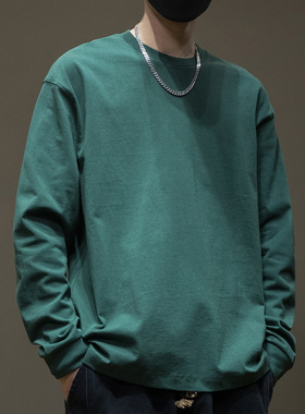 墨绿色精梳棉卫衣t恤男长袖2025春秋新款男士宽松大码内搭打底衫