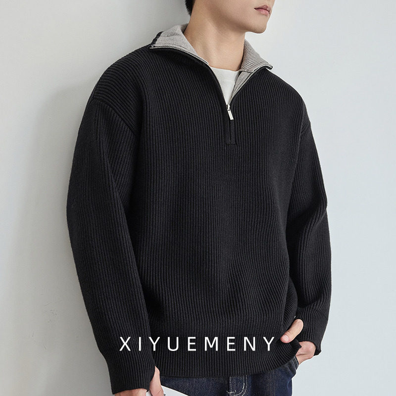 撞色半拉链针织衫毛衣男秋冬新款重磅宽松大码复古风百搭通勤上衣