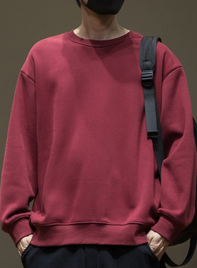 2025春秋新款重磅红色卫衣男士大码秋冬加绒内搭纯色长袖打底衫男