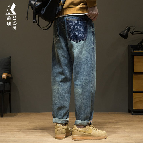 希越绣花复古水洗牛仔裤