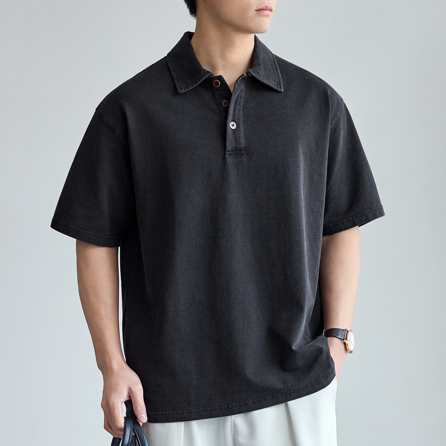 希越美式仿牛仔复古黑色polo衫短袖男夏季宽松百搭翻领体恤衫上衣