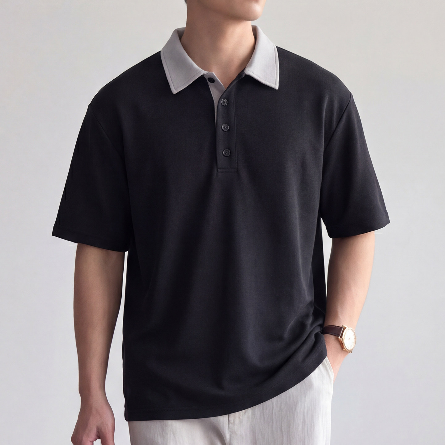 希越通勤百搭黑色翻领Polo衫短袖男士2026夏季撞色拼接宽松体恤衫