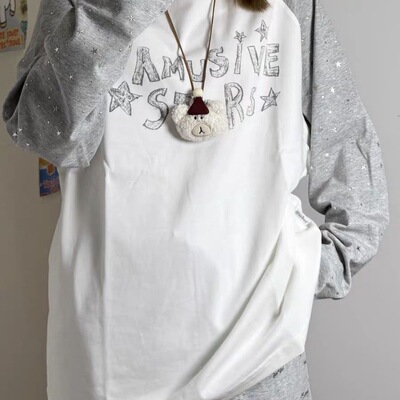 F426国潮牌夏季新款美式星星烫银拼接插肩袖长袖T恤