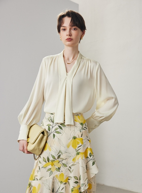 【邢康莉甄选】双乔通勤桑蚕丝上衣V型肩部抽褶真丝衬衫ML-323