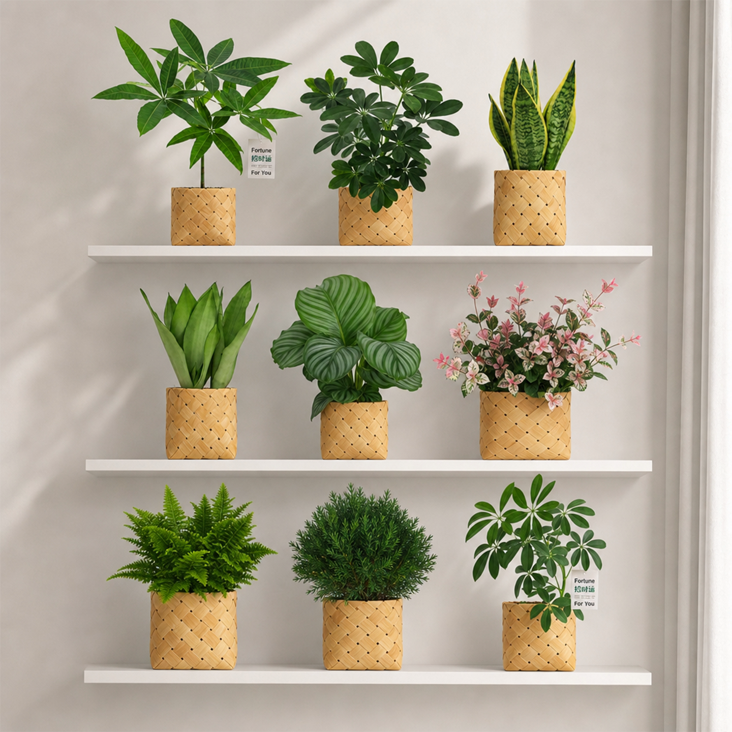 青苹果竹芋招财运鸭脚木绿植虎皮兰发财树情绪稳定小盆栽雾凇植物