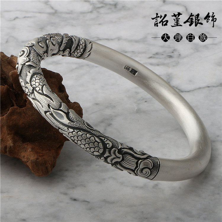龙纹手镯环复古文艺霸气定做刻字开口男女镯雪花足银古法老式手工