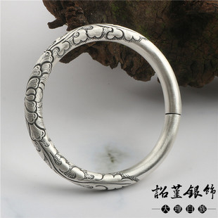 雪花银手镯999银女送妈妈实心开口复古风牡丹银镯子古法刻花手镯