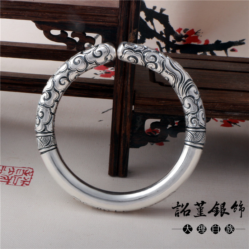 祥云情侣手工银镯子999足银手镯齐天大圣定海神针如意金箍棒银镯