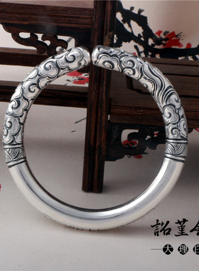 祥云情侣手工银镯子999足银手镯齐天大圣定海神针如意金箍棒银镯