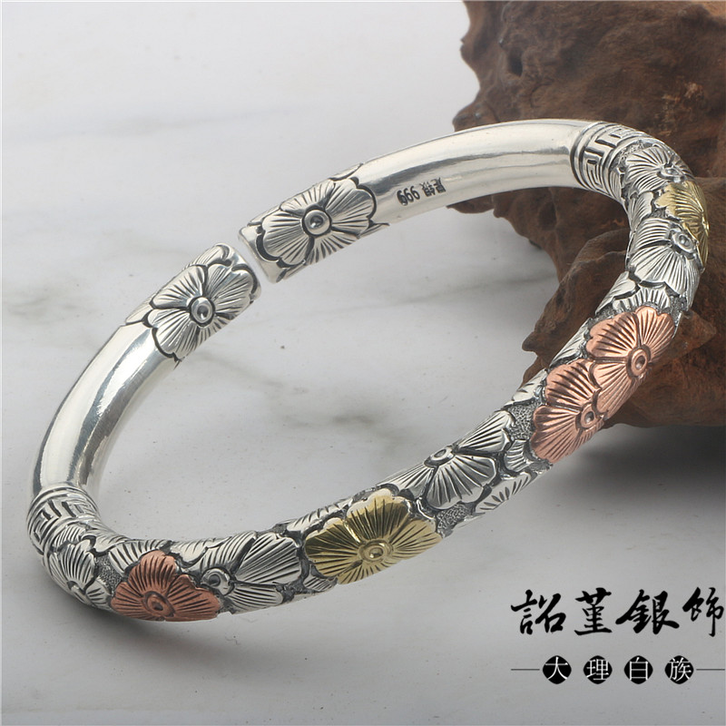999银手镯梅花女纯银浮雕金箍棒