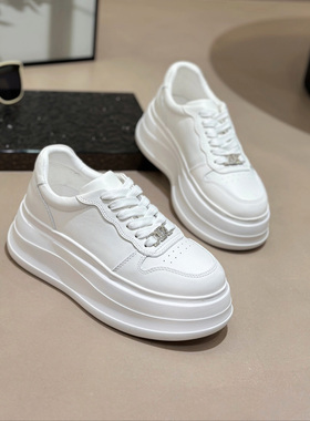 欧洲站2026年春季新款白色牛皮系带厚底松糕鞋圆头休闲增高小白鞋
