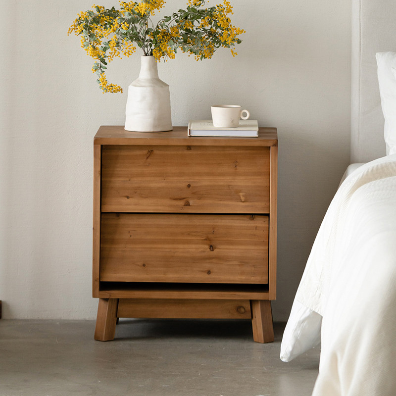 润家家居复古实木床头柜侘寂风简约现代收纳柜抽屉柜老松木小边柜