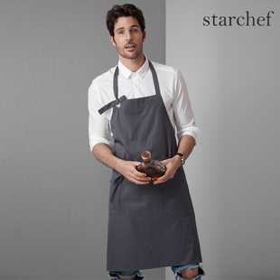 挂脖灰色工作围裙可调节男女刺绣LOGO北欧棉厨师厨房咖啡师时尚女