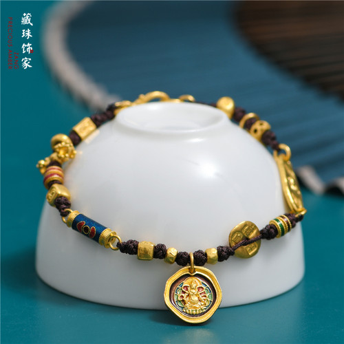 足金手工錾刻古法黄财神手链