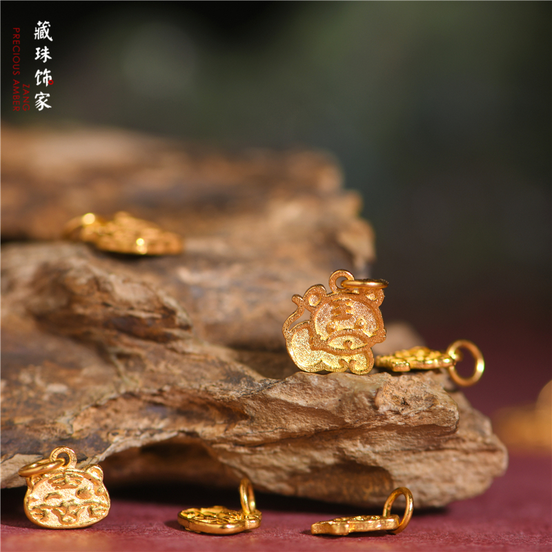 藏珠饰家 足金手工錾刻古法黄金生肖老虎吊坠手链手串本命年开运