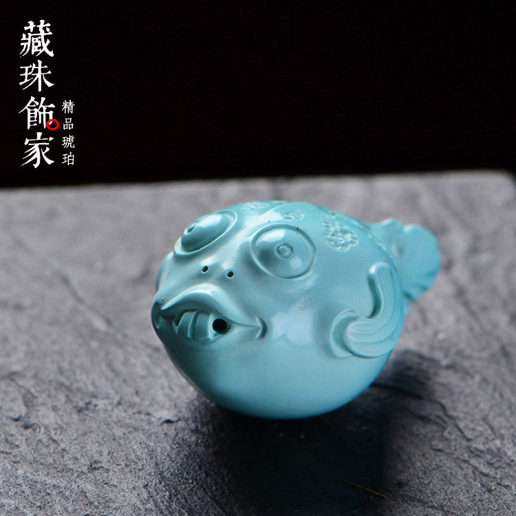 藏珠饰家天然绿松石吊坠挂件 苏工精雕小鱼河豚 高瓷无铁线收藏级