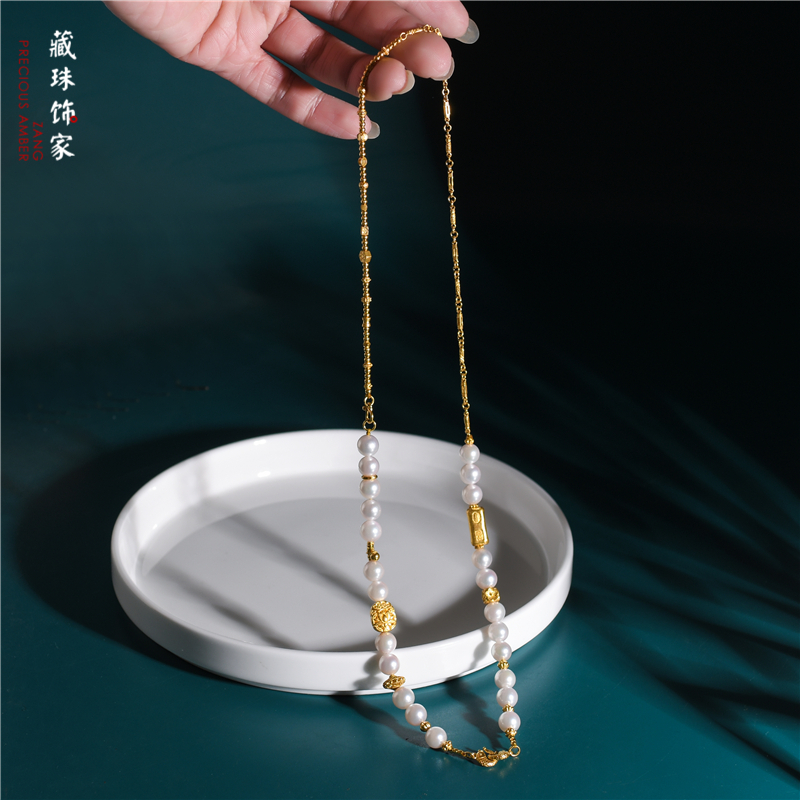 藏珠饰家 足金手工錾刻古法黄金 吉言金搭配akoya珍珠 项链