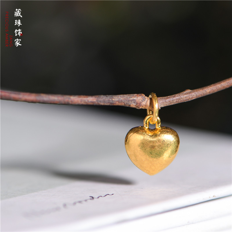 藏珠饰家 足金手工錾刻古法黄金 心形吊坠 项链爱心配件