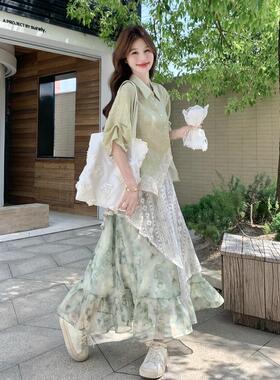 浅色C176-561森系穿搭套装女则夏新款不规衬蕾衫丝拼接半身裙两绿