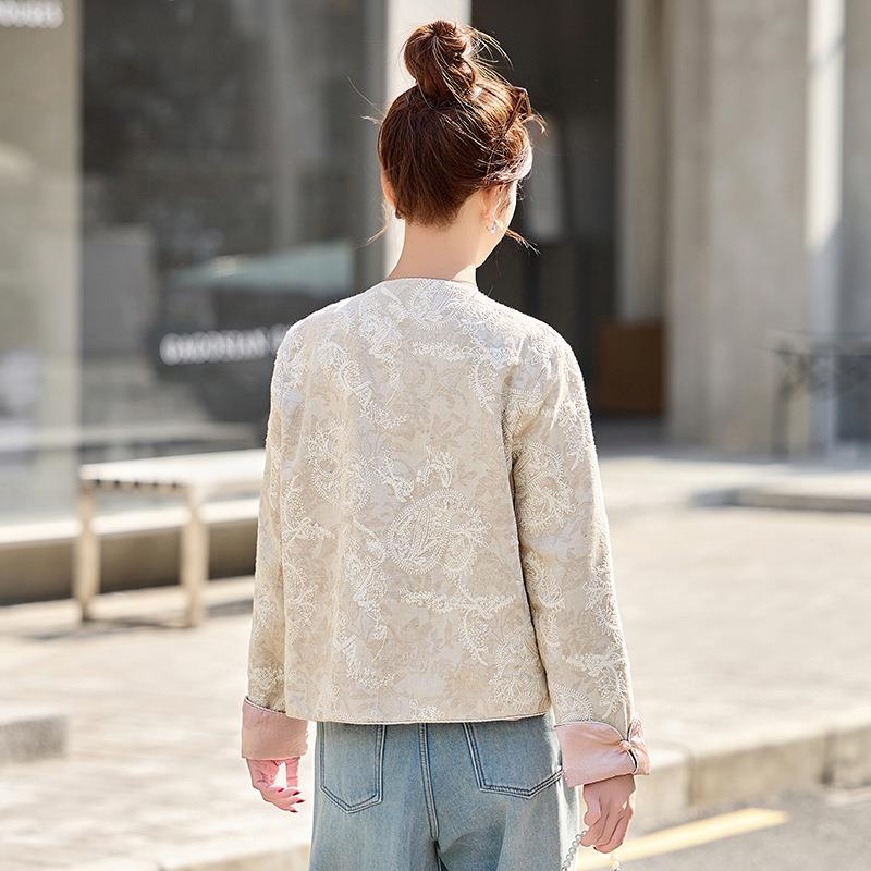 新品现搭B2506-02货2025领款重工刺绣圆撞色棉麻提花拼接春百外套