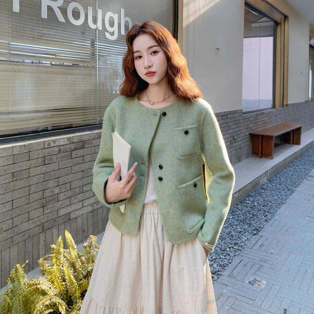 女外羊毛套秋季新款女装圆领SL9653-0小香风绿呢式色呢大衣