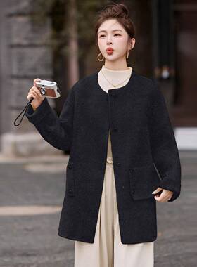 搭韩系小香风瘦脖双面围羊毛大衣女时尚ZMU6805D冬装新款百显羊毛