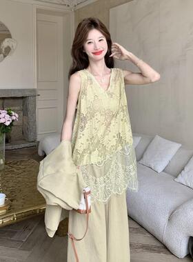 带韩系设计女感飘短袖C110-H70西装两件套新款夏日优带雅碎花吊连