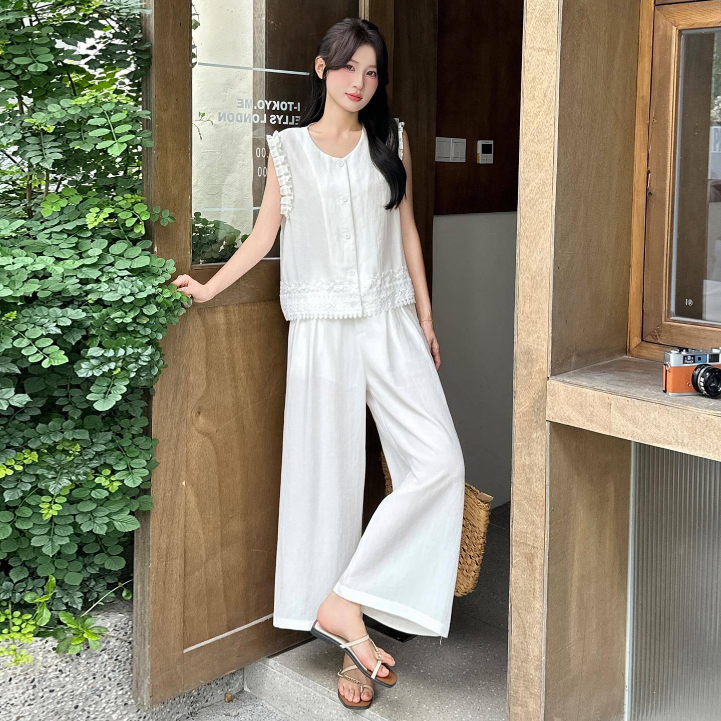 韩绝美套装新款休闲麻气质木亚耳边拼系接小马甲阔腿ZYAO9363裤两