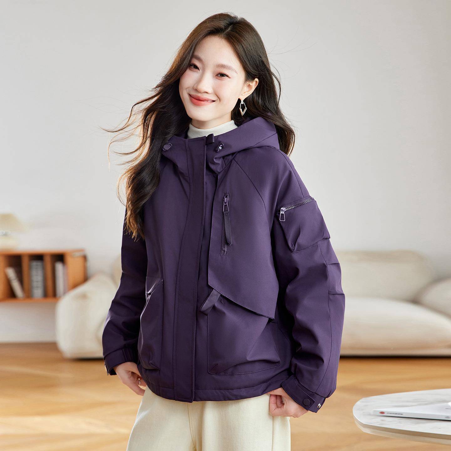 设计感色连帽冲锋衣2502秋1冬季百搭MZ1131-1减龄加绒加厚外套女M