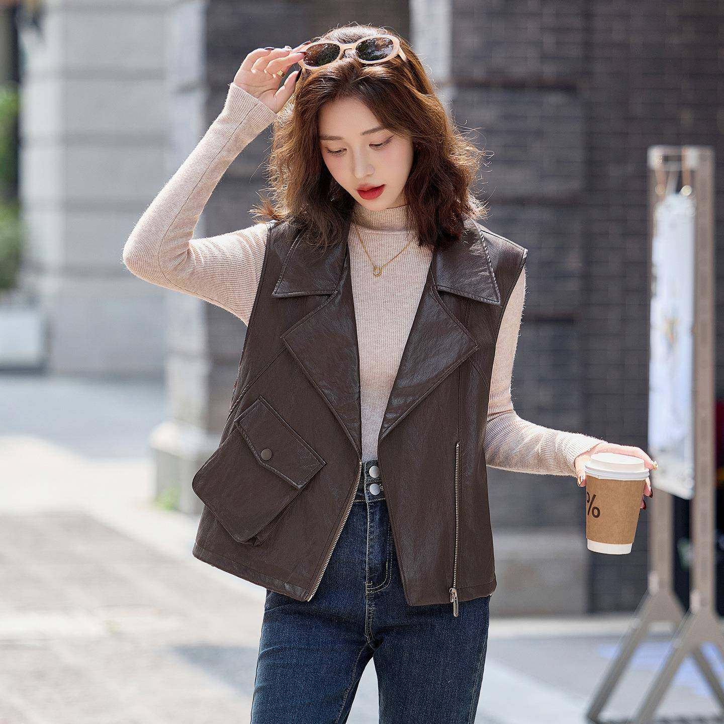 205秋季新品女机车风时U尚翻领P8皮背WA8103-0心无2袖百搭马甲外