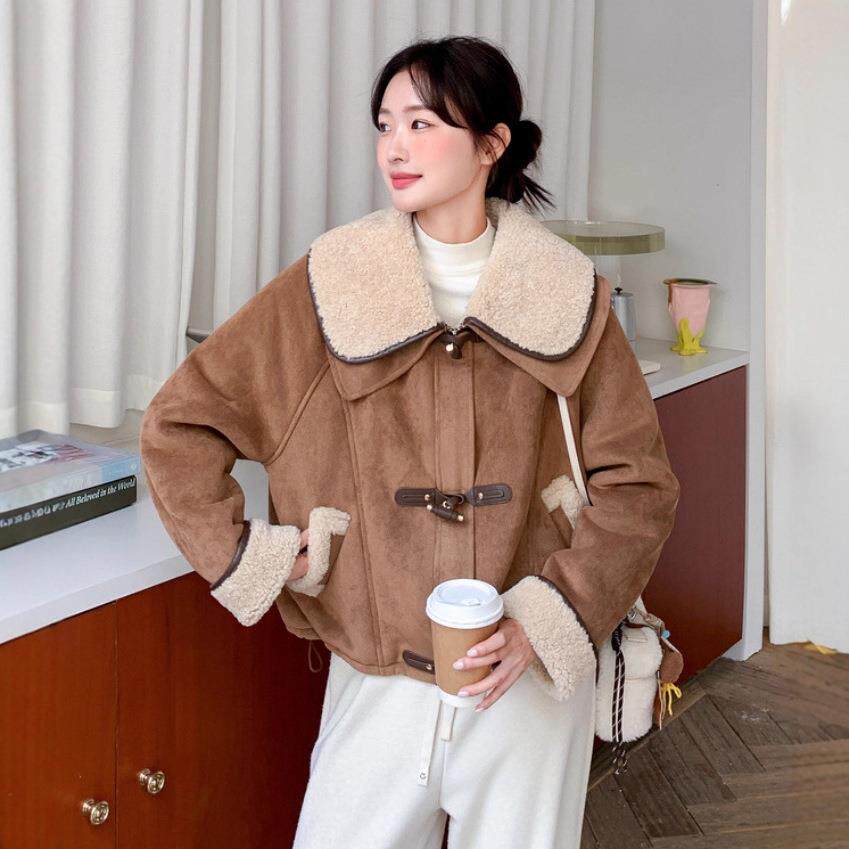 色系双c159-910层大翻韩领咖羊羔毛毛外套女冬新款小个子保暖仿皮