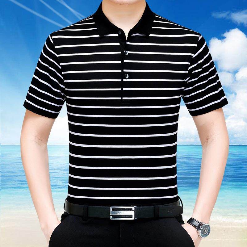 夏季桑蚕丝袖短恤气5R337-X男装商务休闲条纹年男中士宽松透薄上
