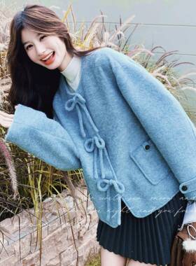 蓝色亮拼短款毛呢外丝套女秋冬C021-0蝴蝶结学减龄小院个子短款呢