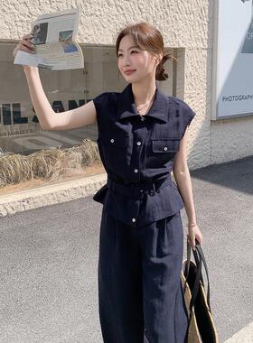 熟风袖藏蓝色无衬衫套阔腿裤装女夏088-9861季新款时轻尚通勤风两