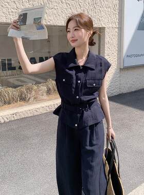 熟风袖藏蓝色无衬衫套阔腿裤装女夏088-9861季新款时轻尚通勤风两