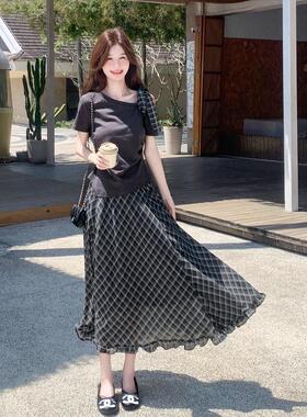 灰C196-W11色炸裙件街新减龄套装裙女夏季款韩版露肩上衣格子半身